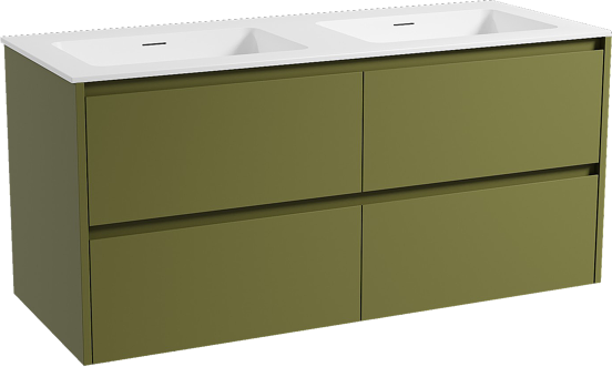 Storke Seda meuble salle de bains suspendu 130 x 52 cm vert olive avec Mata double vasque en solid surface blanc mat
