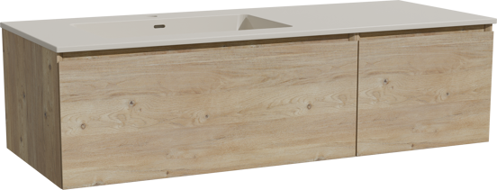 Storke Edge zwevend badkamermeubel 130 x 52 cm ruwe eik met Diva asymmetrisch linkse wastafel in top solid zijdegrijs