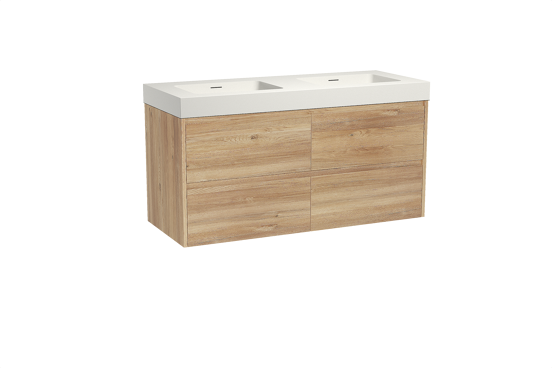 Storke Seda zwevend badmeubel 130 x 52 cm ruw eiken met Mata High dubbele wastafel in solid surface mat wit