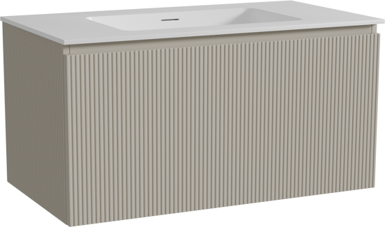 Storke Ribs zwevend badkamermeubel 95 x 52 cm zijdegrijs met Mata enkele wastafel in solid surface mat wit, Verticale symmetrische rechte ribbel