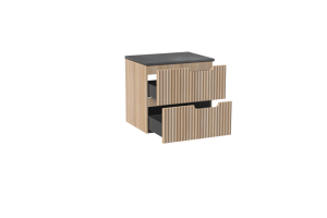 Linie Ribbo zwevend badkamermeubel 60 x 46 cm lichte eik met Lado enkel tablet in melamine leisteen grijs, Verticale symmetrische ronde ribbel
