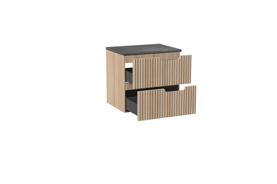 Linie Ribbo hängendes Möbelstück Set: 60 x 46 cm, Helle Eiche, mit Lado Einzel Waschtischplatte, Melamin, Schiefergrau, Vertikale symmetrische runde Rippe