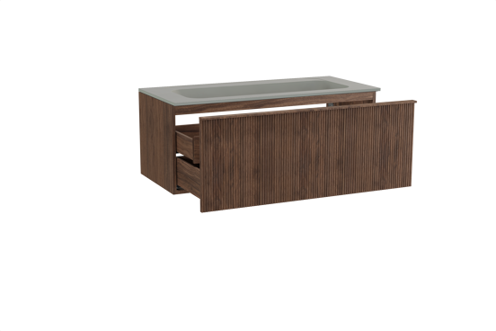 Balmani Forma zwevend badkamermeubel 120 x 55 cm amerikaanse notelaar met Tablo Strada enkele wastafel voor 2 kraangaten in composietmarmer zijdegrijs, Verticale symmetrische rechte ribbel