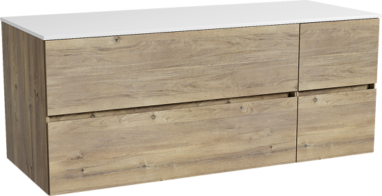 Storke Edge zwevend badmeubel 130 x 52 cm ruw eiken met Tavola enkel of dubbel wastafelblad in solid surface mat wit