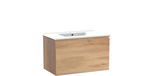 Linie Lado hängendes Möbelstück Set: 80 x 46 cm, Naturbelassene Eiche, mit Vano Einzelwaschtisch, Marmorkomposit Weiß matt
