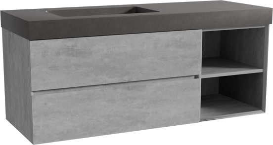 Storke Edge meuble salle de bains suspendu 140 x 52 cm béton gris foncé avec Scuro High plan vasque asymétrique à gauche en quartz noir mat