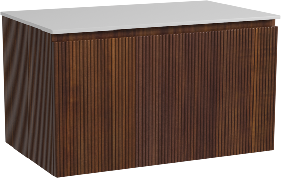 Storke Ribs zwevend badkamermeubel 85 x 52 cm notelaar met Tavola enkel tablet in solid surface mat wit, Verticale symmetrische rechte ribbel