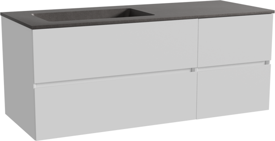 Storke Edge zwevend badmeubel 130 x 52 cm mat wit met Scuro asymmetrisch linkse wastafel in kwarts mat zwart