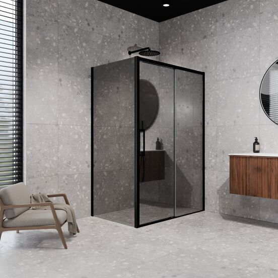 Balmani Senses Design douche en coin avec porte coulissante à droite et paroi latérale fixe, 140 x 80 cm, Miroir Reflex, Profil Noir mat