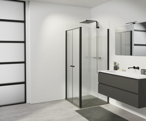 Luca Varess Kuresa paroi d'angle avec entrée d'angle avec porte battante 90 x 90 cm verre transparent et profil noir mat
