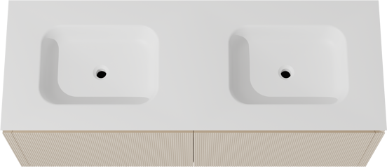 Balmani Eclips zwevend badkamermeubel 150 x 55 cm Sandbeige met Eclips dubbele wastafel in Solid Surface mat wit, Verticale symmetrische rechte ribbel