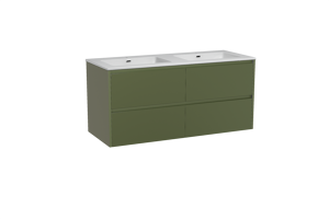 Storke Seda meuble salle de bains suspendu 130 x 52 cm vert olive avec Diva double vasque en marbre composite blanc brillant