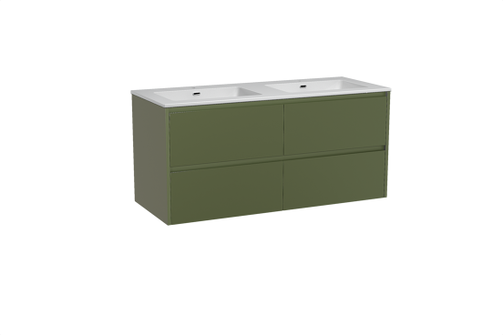 Storke Seda meuble salle de bains suspendu 130 x 52 cm vert olive avec Diva double vasque en marbre composite blanc brillant