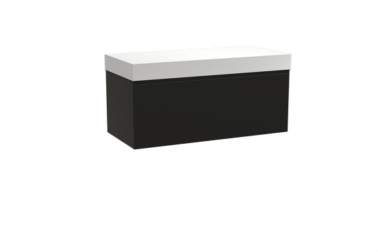Balmani Idra hängendes Möbelstück Set: 120 x 55 cm, Schwarz matt, mit Dominus Einzel- oder Doppel Waschtischplatte, Solid Surface Weiß matt