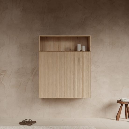 Balmani Forma Badhochschrank: Hängend, asymmetrische Rippen, Eiche Natur, 100 x 30 x 120 cm