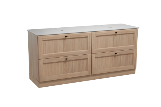 Balmani Lemon freistehendes Möbelstück Set: 180 x 55 cm, Verwitterte Eiche, mit Facetta Doppel Waschtischplatte, Solid Surface Weiß matt