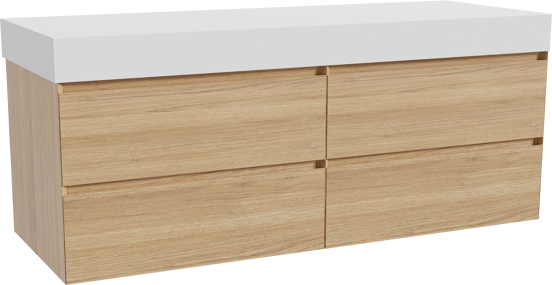 Balmani Mitra zwevend badkamermeubel 150 x 55 cm natuur eik met Dominus enkel of dubbel tablet in solid surface mat wit