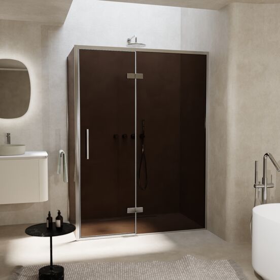 Balmani Senses Design douchehoek met rechtse draaideur en vaste zijwand, 140 x 100 cm, Brons, Chroom profielen, met coating