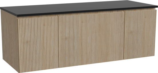 Storke Ribs meuble salle de bains suspendu 135 x 52 cm chêne brut avec Panton tablette simple ou double en mdf enduit de poudre noir mat, Nervure droite symétrique verticale
