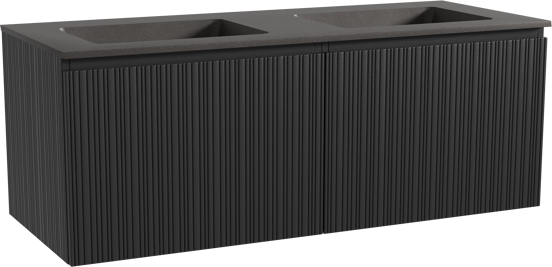 Storke Ribs zwevend badmeubel 130 x 52 cm zwart eiken met Scuro dubbele wastafel in kwarts mat zwart, Verticale asymmetrische rechte ribbel