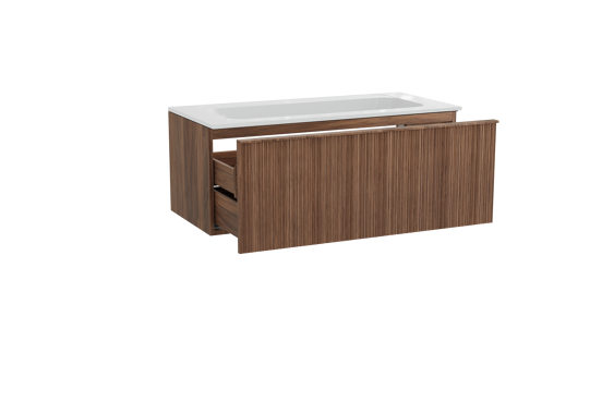 Balmani Forma zwevend badkamermeubel 120 x 55 cm amerikaanse notelaar met Tablo Strada enkele wastafel in composietmarmer glanzend wit, Verticale asymmetrische ronde ribbel