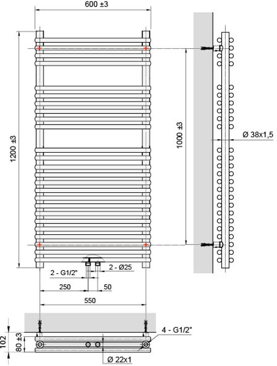 Vipera Alegria dubbele handdoekradiator 60 x 120 cm elektrische verwarming mat zwart zij- en middenaansluiting 1.192W, weerstand inbegrepen