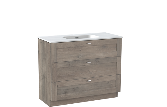 Linie Classo freistehendes Möbelstück Set: 100 x 46 cm, Graue Eiche, mit Baro Einzelwaschtisch, Porzellan Weiß matt