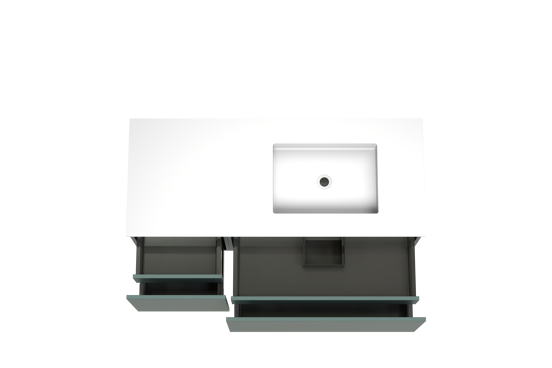 Balmani Sfera meuble salle de bains suspendu 135 x 55 cm forest avec Tablo Stretto vasque asymétrique droite en solid surface blanc mat