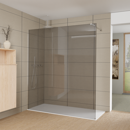 Balmani Modular Walk-In Dusche: 180 x 200 cm, Rauchglas, inklusive Coating, Profil Chrom glänzend