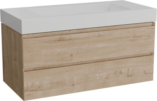 Balmani Mitra hängendes Möbelstück Set: 120 x 55 cm, Rohe Eiche, mit Modus Einzelwaschtisch für 2 Armaturenlöcher, Solid Surface Weiß matt