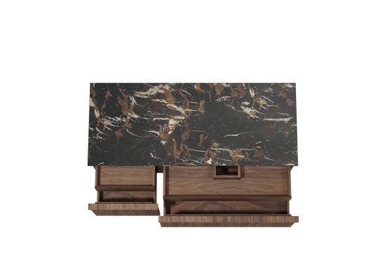 Balmani Forma hängendes Möbelstück Set: 135 x 55 cm, Amerikanischer Nussbaum, mit Stretto Einzel- oder Doppel Waschtischplatte, Marmor, Portoro Gold, Vertikale symmetrische gerade Rippe