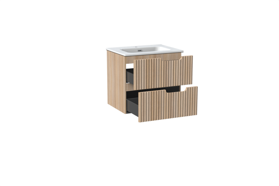 Linie Ribbo hängendes Möbelstück Set: 60 x 46 cm, Helle Eiche, mit Baro Einzelwaschtisch, Porzellan, Weiß glänzend, Vertikale symmetrische runde Rippe