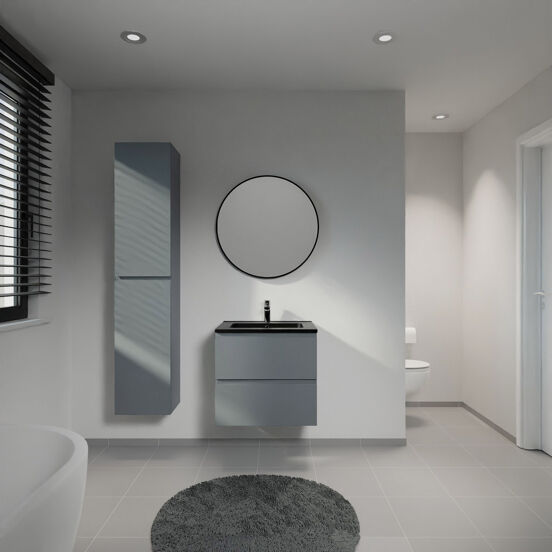 Linie Lado meuble salle de bains suspendu 60 x 46 cm bleu anthracite avec Vano plan simple en marbre composite noir mat