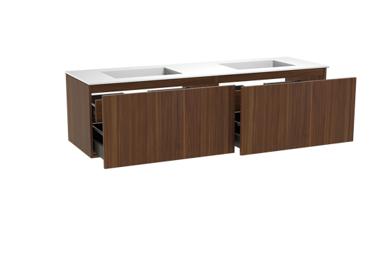 Balmani Sfera hängendes Möbelstück Set: 180 x 55 cm, Amerikanischer Nussbaum, mit Tablo Stretto Doppelwaschtisch, Solid Surface Weiß matt