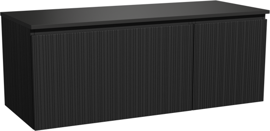 Storke Ribs zwevend badmeubel 130 x 52 cm zwart eiken met Panton enkel of dubbel wastafelblad in gepoedercoate mdf mat zwart, Verticale asymmetrische rechte ribbel