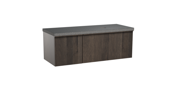 Balmani Forma zwevend badkamermeubel 135 x 55 cm gerookte eik met Rock asymmetrisch rechtse wastafel in graniet zwart, Verticale symmetrische rechte ribbel