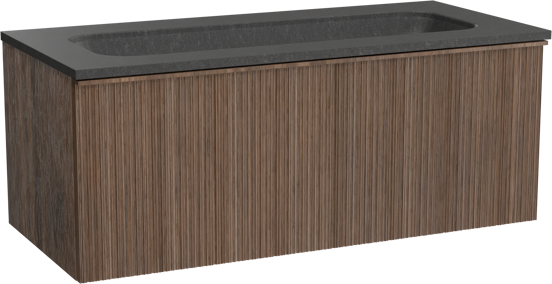 Balmani Forma hängendes Möbelstück Set: 120 x 55 cm, Amerikanischer Nussbaum, mit Tablo Arcato Einzelwaschtisch für 2 Armaturenlöcher, Granit, Schwarzes Granit, Vertikale asymmetrische Runde Rippe