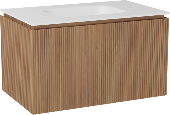 Balmani Eclips zwevend badkamermeubel 90 x 55 cm Teak met Tablo Arcato enkele wastafel in Solid Surface mat wit, Verticale symmetrische rechte ribbel