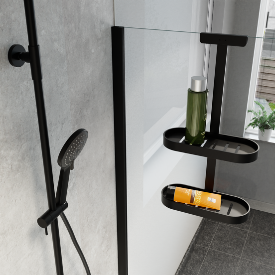 Linie Lucy dubbele shampoohouder voor douchewand met handdoekhaken mat zwart
