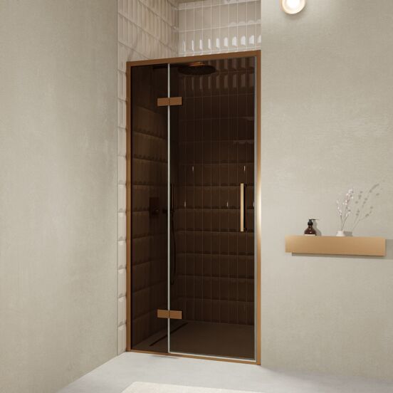 Balmani Senses Design Dusche Drehtür, Links, 100 cm x 210 cm, Bronze, Profil Brushed Rosegold, inklusive Coating