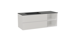 Storke Edge zwevend badmeubel 140 x 52 cm hoogglans wit met Scuro asymmetrisch linkse wastafel in kwarts mat zwart