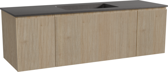 Storke Ribs hängendes Möbelstück Set: 155 x 52 cm, Rohe Eiche, mit Scuro Einzelwaschtisch, Quarz, Schwarz matt, Vertikale symmetrische gerade Rippe
