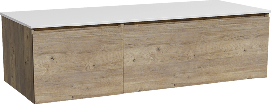 Storke Edge zwevend badkamermeubel 130 x 52 cm ruwe eik met Tavola enkel of dubbel tablet in solid surface mat wit