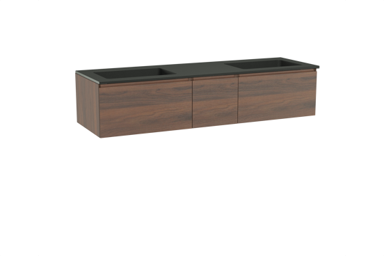 Storke Edge zwevend badkamermeubel 165 x 52 cm notelaar met Scuro dubbele wastafel in kwarts mat zwart