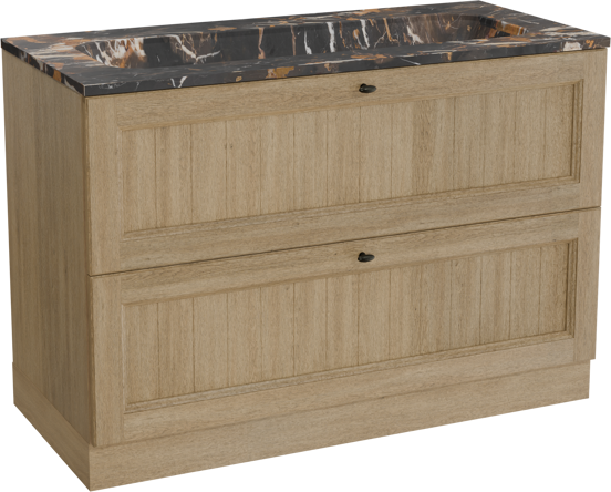 Balmani Lemon staand badkamermeubel 120 x 55 cm verweerde eik met Tablo Arcato enkele wastafel voor 2 kraangaten in marmer portoro gold