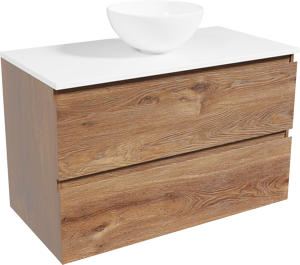Linie Lado meuble salle de bains suspendu 90 x 46 cm chêne brun avec Lado tablette et Lavo vasque à poser en porcelaine blanche brillante