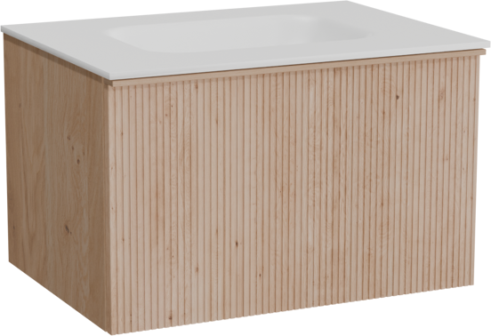 Balmani Forma zwevend badkamermeubel 75 x 55 cm natuur eik met Tablo Arcato enkele wastafel in solid surface mat wit, Verticale symmetrische rechte ribbel