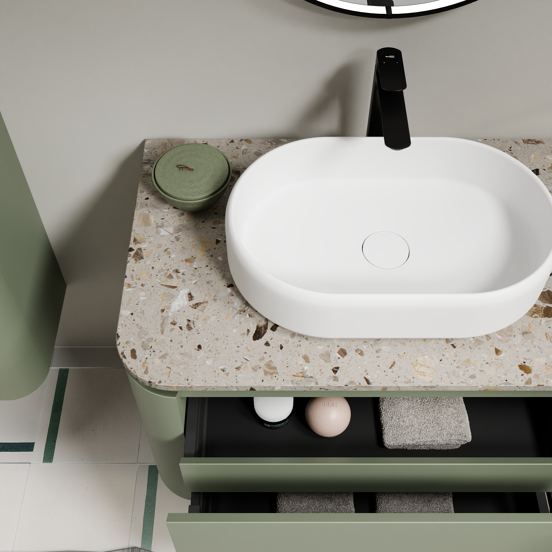 Balmani Moon zwevend badkamermeubel 100 x 55 cm saliegroen met Moon enkel tablet in terrazzo greige terrazzo