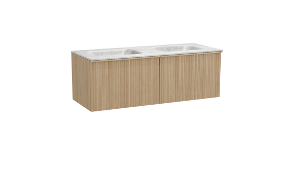 Balmani Forma meuble salle de bains suspendu 135 x 55 cm chêne naturel avec Tablo Arcato double vasque en marbre carrare, Nervure circulaire asymétrique verticale