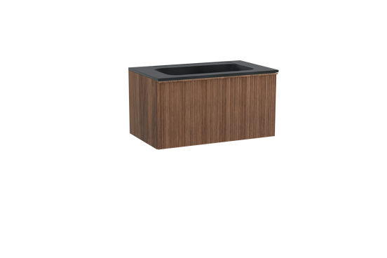 Balmani Forma hängendes Möbelstück Set: 90 x 55 cm, Amerikanischer Nussbaum, mit Tablo Strada Einzelwaschtisch, Marmorkomposit, Schwarz matt, Vertikale asymmetrische Runde Rippe